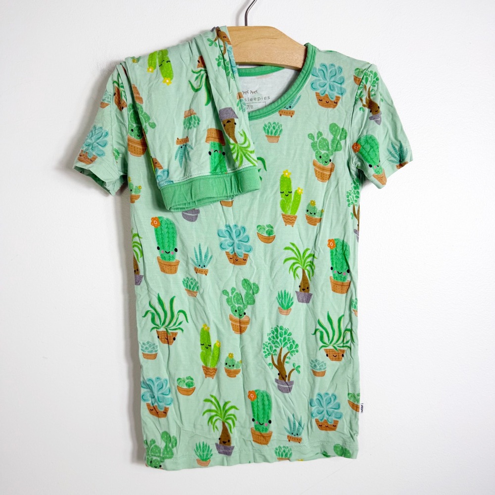 Little Sleepies Pajama Set Kids 7/8 Green Cactus Succulent Bamboo Lunaluxe